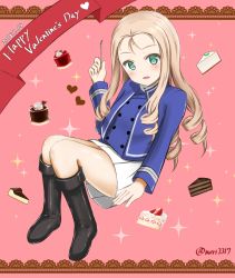 Rule 34 | 1girl, bc freedom military uniform, black footwear, blonde hair, blue jacket, blue vest, boots, cake, cake slice, chocolate cake, commentary request, dated, dress shirt, drill hair, english text, floating, food, fork, girls und panzer, green eyes, happy valentine, heart, high collar, highres, holding, holding fork, jacket, knee boots, knees together feet apart, long hair, long sleeves, looking at viewer, marie (girls und panzer), military, military uniform, miniskirt, morimori (mgln fate), open mouth, pie, pink background, pleated skirt, shirt, skirt, smile, solo, sparkle, strawberry cake, strawberry shortcake, twitter username, uniform, valentine, vest, white shirt, white skirt