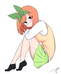 Rule 34 | 1girl, ankle socks, black socks, blue eyes, blush, closed mouth, commentary, eyebrows hidden by hair, from side, full body, go-toubun no hanayome, green ribbon, green skirt, hair ribbon, highres, knees up, kujou karasuma, long sleeves, looking at viewer, looking to the side, nakano yotsuba, no shoes, orange hair, pleated skirt, ribbon, shirt, signature, simple background, skirt, socks, solo, sweater vest, symbol-only commentary, white background, white shirt