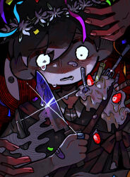 Rule 34 | 1boy, black hair, black sweater vest, cake, candle, collared shirt, confetti, food, fork, head wreath, highres, holding, holding knife, knife, male focus, omori, parted lips, shirt, short hair, something (omori), spoilers, sunny (omori), sweater vest, uminosoko44, white eyes, white shirt
