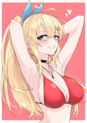 Rule 34 | 1girl, :d, antenna hair, armpits, arms behind head, bikini, black choker, blue ribbon, blush, border, breasts, cevio, choker, cleavage, green eyes, hair in own mouth, hair ornament, hair ribbon, hairclip, heart, highres, jewelry, large breasts, long hair, looking at viewer, necklace, open mouth, outside border, parted lips, ponytail, red background, red bikini, ribbon, simple background, smile, solo, swimsuit, tsurumaki maki, upper body, very long hair, voiceroid, white border, zooanime