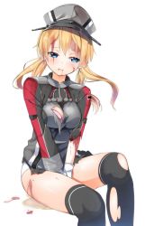 Rule 34 | 10s, 1girl, blonde hair, blood, blood on face, blue eyes, bra, burnt clothes, byte (allbyte), cross, cuts, frown, hat, injury, iron cross, kantai collection, looking down, looking to the side, md5 mismatch, panties, peaked cap, pee, peeing, prinz eugen (kancolle), resized, resolution mismatch, shizuka (deatennsi), simple background, sitting, solo, source larger, thighhighs, torn clothes, torn thighhighs, twintails, underwear, white background