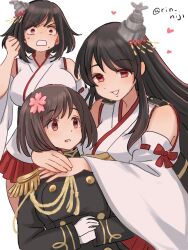 Rule 34 | 3girls, axis powers hetalia, black hair, breasts, brown eyes, clenched hand, crossover, detached sleeves, epaulettes, flower, fusou (kancolle), genderswap, genderswap (mtf), gloves, hair flower, hair ornament, headgear, heart, japan (hetalia), japanese clothes, kantai collection, large breasts, long hair, long sleeves, military, military uniform, multiple girls, nontraditional miko, pink flower, red eyes, ribbon-trimmed sleeves, ribbon trim, rin (rin niji), short hair, simple background, sweat, twitter username, uniform, white background, white gloves, wide sleeves, yamashiro (kancolle)