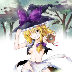 Rule 34 | 1girl, aiming, aiming at viewer, apron, blonde hair, bow, breasts, collarbone, dissolving clothes, forest, grin, hair censor, hair over one eye, hat, hat bow, kiku hitomoji, kirisame marisa, looking at viewer, midriff, mini-hakkero, nature, navel, no bra, no panties, parted lips, shirt, smile, solo, standing, torn clothes, torn shirt, touhou, underboob, waist apron, witch hat