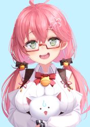 Rule 34 | 1girl, 35p (sakura miko), :d, absurdres, ahoge, animal, bell, blue background, blush, bow, breast press, breasts, cat, collared shirt, commentary request, detached sleeves, flower, glasses, green eyes, hair bell, hair between eyes, hair flower, hair ornament, highres, holding, holding animal, holding cat, hololive, jingle bell, large breasts, long hair, long sleeves, looking at viewer, neck bell, open mouth, red bow, red hair, sakura miko, sakura miko (casual), semi-rimless eyewear, shirt, simple background, smile, solo, starkamisan, teeth, twintails, upper body, upper teeth only, virtual youtuber, white shirt