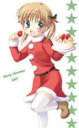 Rule 34 | 00s, 1girl, 2007, :d, belt, blonde hair, blue eyes, blush, boots, cake, christmas, food, fruit, hair ornament, koyuki (2smj), koyuki (artist), leg up, looking at viewer, merry christmas, open mouth, original, santa costume, simple background, smile, solo, star (symbol), strawberry, thighhighs, twintails, white background, white thighhighs
