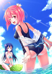 Rule 34 | 10s, 2girls, ahoge, back, betanya, bikini, bikini under clothes, bitter melon, blue hair, blue sky, blush, breasts, brown eyes, brown hair, cloud, contrail, day, floater (floater80012059), flower, hair flower, hair ornament, i-58 (kancolle), inflatable toy, kantai collection, light brown hair, long hair, looking back, medium breasts, multiple girls, ocean, one-piece swimsuit, open mouth, outdoors, personification, pink eyes, pink hair, school swimsuit, school uniform, serafuku, short hair, sky, smile, sun, sunlight, swimsuit, swimsuit under clothes, undressing, wading, water