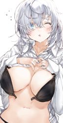 Rule 34 | 1girl, :o, black bra, blue eyes, blush, bra, breasts, commentary request, front-hook bra, hands on own chest, highres, kou mashiro, large breasts, long sleeves, messy hair, mole, mole on breast, mole on stomach, mole under mouth, navel, one eye closed, open bra, open clothes, open shirt, original, shirt, simple background, solo, underwear, unfastened, upper body, white background, white hair, white shirt