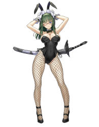 Rule 34 | 1girl, absurdres, animal ears, armpits, arms up, bad id, bad pixiv id, bare shoulders, blue eyes, bow, bowtie, breasts, cleavage, detached collar, fake animal ears, fishnet pantyhose, fishnets, glasses, gloves, green hair, highres, katana, large breasts, leotard, long hair, long legs, looking at viewer, nakabayashi reimei, one eye closed, pantyhose, phantasy star, phantasy star online 2, playboy bunny, rabbit ears, red-framed eyewear, semi-rimless eyewear, simple background, smile, solo, sword, under-rim eyewear, weapon, white background, white gloves, wrist cuffs