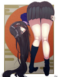 Rule 34 | absurdres, ass, bent over, blue eyes, blue jacket, covered mouth, grabbing own thigh, hair ornament, hairpin, highres, jacket, kneepits, long hair, looking at viewer, persona, persona 5, school uniform, socks, thighs, tougou hifumi, yousuketwelve