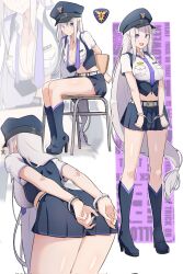 Rule 34 | 1girl, belt, bent over, blunt bangs, breasts, cleavage, closed mouth, commentary, cuffs, emilia (re:zero), grey hair, handcuffs, hat, high heels, highres, large breasts, long hair, looking at viewer, miniskirt, navel, necktie, open mouth, police, police hat, police uniform, policewoman, purple eyes, re:zero kara hajimeru isekai seikatsu, sitting, skirt, smile, solo, symbol-only commentary, uniform, very long hair, zerobarto