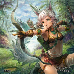Rule 34 | 1girl, animal ears, armlet, arrow (projectile), blue sky, bow (weapon), breasts, brown gloves, chrono regalia, clenched teeth, cloud, company name, day, drawing bow, facial mark, gloves, grass, green eyes, headband, holding, holding bow (weapon), holding weapon, jewelry, looking afar, midriff, myuu1995, navel, necklace, official art, quiver, sky, small breasts, solo, tail, tattoo, teeth, thighlet, tree, weapon, white hair