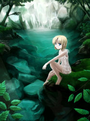 Rule 34 | 1girl, barefoot, blonde hair, blue eyes, female focus, forest, grass, kajiji, legs, light rays, looking at viewer, nature, original, outdoors, scenery, see-through, short hair, sitting, smile, soaking feet, solo, sunbeam, sunlight, tree, water, waterfall, wet, wet clothes