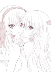 Rule 34 | 2girls, angel beats!, asami yuriko, bare shoulders, close-up, commentary, eyelashes, eyes visible through hair, from behind, hair between eyes, hair ribbon, hairband, kiss day, lips, long hair, looking at viewer, looking back, medium hair, monochrome, multiple girls, nakamura yuri, nose, parted lips, profile, rejected kiss, ribbon, short ponytail, simple background, sketch, tenshi (angel beats!), tongue, tongue out, white background