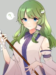 Rule 34 | 1girl, ?, artist name, bare shoulders, blue eyes, blush, breasts, closed mouth, collar, collared shirt, detached sleeves, eyes visible through hair, fingernails, frog hair ornament, gohei, green hair, grey background, hair between eyes, hair ornament, hair tubes, hands up, highres, kochiya sanae, long hair, long sleeves, looking to the side, medium breasts, necono (nyu6poko), shirt, simple background, smile, snake hair ornament, solo, standing, touhou, white shirt, wide sleeves