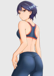 Rule 34 | 1girl, :/, ass, back, bare arms, bare shoulders, blue pants, blue sports bra, breasts, brown eyes, contrapposto, cowboy shot, from behind, highres, looking at viewer, looking back, midriff, original, pants, pantylines, purple hair, short hair, shoulder blades, simple background, small breasts, solo, sora-wo-tomo, sports bra, standing, thong, yoga pants
