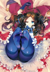Rule 34 | 1girl, arms up, ass, blue eyes, blue gloves, blue pantyhose, brown hair, cape, clothes lift, commentary request, dress, dress lift, fate/grand order, fate (series), feet, gloves, highres, izumiya otoha, knees up, leg lift, legs, legs up, leonardo da vinci (fate), leonardo da vinci (fate/grand order), leonardo da vinci (rider) (fate), lifted by self, long hair, lying, on back, one eye closed, panties, panties under pantyhose, pantyhose, presenting, red cape, red dress, see-through, smile, soles, solo, thighband pantyhose, thighs, toes, underwear, white panties