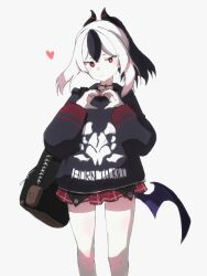 Rule 34 | 1girl, backpack, bag, black hair, black hoodie, blue archive, bright pupils, choker, closed mouth, feet out of frame, hand up, heart, heart hands, highres, hood, hoodie, horns, kayoko (blue archive), long sleeves, looking at viewer, low wings, miniskirt, multicolored hair, ponytail, red eyes, red skirt, simple background, single wing, skirt, solo, standing, two-tone hair, uni gyoza, white background, white hair, white pupils, wings
