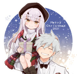 Rule 34 | 1boy, 1girl, beret, bow, bowtie, brown eyes, carrying, christmas present, closed eyes, fate/grand order, fate (series), forked eyebrows, formal, gift, grin, hat, jewelry, long hair, melusine (fate), melusine (holy heart) (fate), merry christmas, pendant, percival (fate), ribbed sweater, scarf, shio kuzumochi, shoulder carry, smile, suit, sweater, white hair