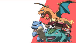 Rule 34 | 1boy, :3, adjusting clothes, adjusting headwear, animal focus, arm at side, baseball cap, black hair, black shirt, blacknirrow, blastoise, blue eyes, blue pants, bright pupils, brown eyes, charizard, claws, closed mouth, creatures (company), dragon, fangs, fern, flame-tipped tail, flower, from side, full body, game freak, gen 1 pokemon, grey eyes, half-closed eyes, hand up, happy, hat, highres, holding, holding poke ball, leaf, nintendo, open clothes, open mouth, open vest, pants, pink flower, plant, poke ball, poke ball (basic), pokemon, pokemon (creature), pokemon rgby, raglan sleeves, red (pokemon), red background, red eyes, red headwear, red vest, shirt, shoes, short hair, short sleeves, sideways mouth, simple background, smile, spiked hair, split mouth, standing, starter pokemon trio, two-tone background, venusaur, vest, white footwear, white pupils, white sleeves