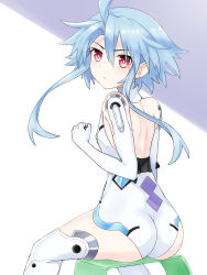 Rule 34 | 1girl, ahoge, ass, back, blue hair, commission, gloves, highres, leotard, long hair, looking at viewer, neptune (series), paid reward available, pixiv commission, power symbol, power symbol-shaped pupils, red eyes, short hair with long locks, sitting, solo, symbol-shaped pupils, white heart (neptunia), wings, zatsu