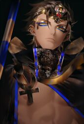 Rule 34 | 1boy, ankh, au (d elete), black background, brown hair, dark-skinned male, dark skin, ear piercing, earrings, egyptian, egyptian clothes, eye of horus, fate/grand order, fate (series), gold, headdress, holding, holding staff, jewelry, looking at viewer, male focus, nipples, ozymandias (fate), pectorals, piercing, simple background, staff, upper body, yellow eyes