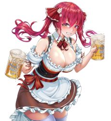 Rule 34 | 1girl, alcohol, apron, bare shoulders, barmaid, beer, beer mug, blouse, blush, bodice, breasts, cleavage, cowboy shot, cup, detached collar, dirndl, dress, earrings, flower, from side, german clothes, grin, hair flower, hair ornament, hasaya, heterochromia, highres, hololive, houshou marine, jewelry, large breasts, leaning forward, long hair, looking at viewer, low neckline, mug, neck ribbon, pinafore dress, red eyes, red hair, ribbon, shirt, sideways glance, simple background, sleeveless dress, smile, solo, thighhighs, twintails, underbust, virtual youtuber, waist apron, white background, white thighhighs, yellow eyes, zettai ryouiki