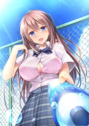 Rule 34 | arm up, blue eyes, blue neckwear, blue skirt, blue sky, blurry, bottle, bra, bra peek, bra visible through clothes, breasts, brown hair, chain-link fence, cleavage, cloud, collared shirt, commentary, day, depth of field, fence, from below, hair ornament, hairclip, holding, holding bottle, lens flare, long hair, looking at viewer, massan, medium breasts, open mouth, original, outdoors, plaid, plaid skirt, pleated skirt, school uniform, shirt, short sleeves, sidelocks, skirt, sky, smile, standing, sunlight, sweat, unbuttoned, unbuttoned shirt, underwear, water bottle, white shirt