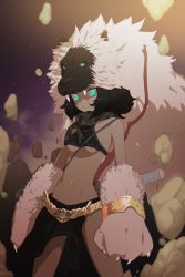 Rule 34 | 1girl, animal hands, bare shoulders, black hair, blue eyes, breasts, chain, copyright request, cowboy shot, crop top, debris, diamond-shaped pupils, diamond (shape), doremi, gloves, highres, legs apart, lion, looking at viewer, navel, paw gloves, short hair, small breasts, solo, standing, sword, symbol-shaped pupils, weapon