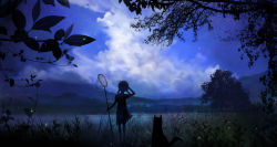 Rule 34 | 00, 1girl, blurry, braid, bug, butterfly net, cloud, dark, dog, dress, firefly, from behind, grass, hand net, hand on own head, highres, hill, insect, jpeg artifacts, lake, looking afar, night, night sky, original, scenery, silhouette, sky, solo, star (sky), tree, twin braids, water