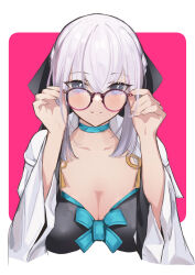 Rule 34 | 1girl, absurdres, adjusting eyewear, black ribbon, black shirt, blue choker, blue eyes, blush, border, breasts, choker, cleavage, collarbone, commentary request, fate/grand order, fate (series), glasses, grey hair, hair between eyes, hair ribbon, hands up, highres, jacket, large breasts, long bangs, long hair, looking at viewer, morgan le fay (fate), open clothes, open jacket, pink background, ribbon, shirt, sidelocks, smile, solo, straight-on, upper body, ura illust, white border, white jacket