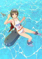 Rule 34 | 1girl, absurdres, black hair, boots, brown eyes, commentary request, diving mask, diving mask on head, flotation belt, fp-45 liberator, goggles, goggles on head, gun, handgun, highres, kantai collection, kuma rin, looking at viewer, maru-yu (kancolle), one-piece swimsuit, parted bangs, school swimsuit, short hair, smile, solo, swimsuit, torpedo, water, weapon, white one-piece swimsuit