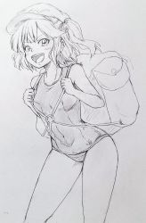Rule 34 | 1girl, backpack, bag, breasts, collarbone, commentary request, covered navel, cowboy shot, d-m (dii emu), greyscale, hair bobbles, hair ornament, highres, kappa, kawashiro nitori, key, leaning forward, medium hair, monochrome, one-piece swimsuit, open mouth, short twintails, small breasts, swimsuit, thighs, touhou, traditional media, twintails, two side up