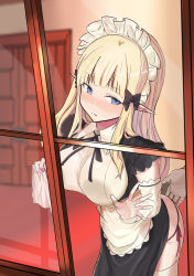 Rule 34 | 1girl, absurdres, against glass, black bow, blonde hair, blue eyes, blush, bow, breast press, breasts, breasts on glass, elf, hair bow, highres, large breasts, long hair, maid, pointy ears, princess connect!, rinfu, saren (princess connect!)