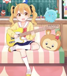 Rule 34 | 1girl, :d, ahoge, bad id, bad tumblr id, bow, brown eyes, brown hair, chalkboard, check (check book), commentary request, couch, creature, cushion, electric guitar, fender telecaster, guitar, hair bow, hikaru (houkago no pleiades), houkago no pleiades, instrument, crossed legs, music, open mouth, origami, playing instrument, plectrum, pleiadean, sailor collar, school uniform, shoes, sitting, skirt, smile, twintails, white legwear