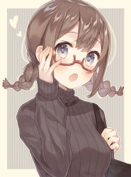 Rule 34 | 1girl, :o, adjusting eyewear, bag, black sweater, blush, border, braid, breasts, brown hair, commentary request, frills, hand up, heart, highres, long sleeves, looking at viewer, medium breasts, nagitoki, open mouth, original, outside border, over shoulder, purple eyes, red-framed eyewear, ribbed sweater, semi-rimless eyewear, short hair, shoulder bag, sleeves past wrists, solo, striped, striped background, sweater, symbol-shaped pupils, tareme, twin braids, under-rim eyewear, upper body, vertical stripes, yellow border