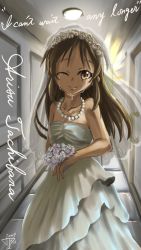 Rule 34 | 10s, 1girl, 2017, artist request, bouquet, bridal veil, bride, brown eyes, brown hair, ceiling, character name, closed mouth, collarbone, crying, dated, dress, english text, flower, highres, idolmaster, idolmaster cinderella girls, indoors, jewelry, long hair, looking at viewer, necklace, one eye closed, solo, standing, tachibana arisu, tears, veil, wedding, wedding dress, white dress