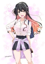 Rule 34 | 1girl, alternate costume, bag, black hair, blouse, bra, breasts, causal, cellphone, clothes around waist, dress shirt, fang, hair ribbon, hand on own hip, jacket, jacket around waist, kantai collection, large breasts, looking at viewer, mikage takashi, multicolored eyes, multicolored hair, naganami (kancolle), open mouth, phone, pink bra, pink hair, purple eyes, ribbon, school uniform, see-through, shirt, shoulder bag, skirt, sleeves rolled up, smartphone, smile, solo, star (symbol), sweater, sweater around waist, underwear, white shirt, yellow eyes