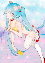 Rule 34 | 1girl, absurdres, animal ears, bag, bare arms, bare shoulders, bare tree, bikini, blue eyes, blue hair, blue sky, bug, butterfly, cat ears, cherry, choker, closed mouth, collarbone, day, food, food-themed hair ornament, fruit, glowing butterfly, hair ornament, hatsune miku, highres, holding, holding food, insect, kemonomimi mode, leaning forward, legs up, long hair, mismatched bikini, outdoors, popsicle, qingli green, red bikini, red footwear, red neckwear, shoes, sky, smile, solo, standing, standing on one leg, swimsuit, thighhighs, tree, twintails, very long hair, vocaloid, white thighhighs, yellow bikini