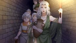 Rule 34 | absurdres, blue eyes, breasts, brick wall, circlet, cleavage, commentary, commission, cowboy shot, dress, english commentary, green dress, grey dress, grey hair, highres, holding, holding torch, jewelry, large breasts, lips, lisistrata (visual novel), long hair, looking at viewer, necklace, old, old woman, pearl necklace, riabels, storage pot, torch, wrinkled skin