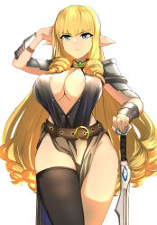 Rule 34 | 1girl, arm guards, armor, bad id, bad pixiv id, belt, black thighhighs, black vest, blonde hair, blue eyes, breasts, brown skirt, center opening, cleavage, covered erect nipples, cowboy shot, curvy, dantes ward, drill hair, elf, frown, green eyes, highres, large breasts, long hair, looking at viewer, no bra, original, pelvic curtain, pointy ears, revealing clothes, shoulder armor, simple background, single thighhigh, skirt, solo, standing, sword, thighhighs, very long hair, vest, weapon, white background