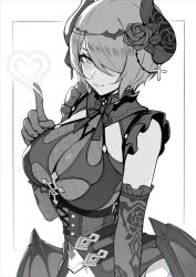 Rule 34 | 1girl, bare shoulders, blush, breasts, chinese commentary, commentary, evan yang, gloves, greyscale, hair over one eye, highres, honkai (series), honkai impact 3rd, large breasts, looking at viewer, mixed-language commentary, mole, mole under eye, monochrome, rita rossweisse, short hair, simple background, solo, white background