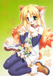 Rule 34 | 1boy, 1girl, :d, animal ears, blonde hair, blue eyes, blush, boots, cat ears, cat girl, cat tail, cheese, collar, eating, elbow gloves, food, giant, giantess, gloves, green eyes, green hair, jewelry, knife, long hair, mini person, miniboy, miniskirt, mouse boy, mouse ears, on lap, open mouth, paw print, ring, shorts, size difference, skirt, smile, tail, thighhighs, zettai ryouiki