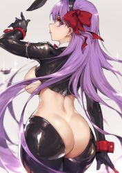 Rule 34 | 1girl, animal ears, ass, bb (fate), bb (fate/extra), breasts, commentary, fake animal ears, fate/grand order, fate (series), gloves, hair ribbon, haoni, highres, large breasts, long hair, long sleeves, looking at viewer, meme attire, purple eyes, purple hair, rabbit ears, revealing clothes, reverse bunnysuit, reverse outfit, ribbon, simple background, solo, tongue, tongue out, very long hair, wrist cuffs