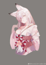 Rule 34 | 1girl, animal ear fluff, animal ears, bare shoulders, breasts, cleavage, fox ears, grey background, hair over one eye, highres, japanese clothes, kimono, large breasts, obi, off shoulder, original, parted lips, pink theme, rocco, sash, silver hair, simple background, slit pupils, solo, unfinished, weibo watermark, wide sleeves, yellow eyes
