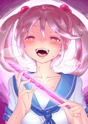 Rule 34 | 1girl, :d, blue sailor collar, blush, creepy eyes, fingernails, glowing, hair bobbles, hair ornament, half-closed eyes, highres, holding, imminent urethral insertion, kantai collection, looking at viewer, man (man-room), open mouth, pink theme, sailor collar, sazanami (kancolle), school uniform, serafuku, sex toy, shirt, short sleeves, smile, solo, twintails, upper body, urethral beads, white shirt