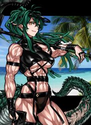 Rule 34 | 1girl, abs, absurdres, arknights, bare shoulders, blue sky, breasts, character name, closed mouth, copyright name, covered erect nipples, gavial (arknights), green hair, highres, holding, holding weapon, large breasts, light smile, muscular, muscular female, over shoulder, palm tree, pointy ears, scales, sky, solo, standing, tail, tree, underboob, veins, visor cap, weapon, weapon over shoulder, yotaro