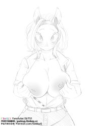 Rule 34 | 1girl, animal ears, boku no hero academia, breasts, collared shirt, curvy, eyelashes, felipe godoy, furry, furry female, hairband, highres, huge breasts, inverted nipples, ippan josei, looking at viewer, navel, open clothes, open shirt, presenting, shirt, shirt tucked in, short hair, sketch, smile, solo, standing, unbuttoned, unbuttoned shirt, white background, wide hips