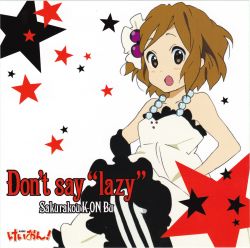 Rule 34 | 00s, 1girl, absurdres, album cover, brown eyes, brown hair, cover, don&#039;t say &quot;lazy&quot;, dress, female focus, highres, hirasawa yui, k-on!, official art, pantyhose, short hair, solo, striped clothes, striped pantyhose, vertical-striped clothes, vertical-striped pantyhose