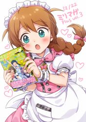 Rule 34 | 1girl, :o, apron, aqua eyes, armband, baba konomi, blush, book, bow, bowtie, braid, breasts, brown hair, copyright name, cowboy shot, dated, dot nose, dress, frilled apron, frills, hair bow, hair over shoulder, hair ribbon, heart, hiiringu, holding, holding book, idolmaster, idolmaster million live!, idolmaster million live! theater days, kitakami reika, long hair, looking at another, magazine (object), makabe mizuki, nagayoshi subaru, open mouth, pink bow, pink bowtie, pink dress, pink ribbon, pretty waitress (idolmaster), puffy short sleeves, puffy sleeves, ribbon, short sleeves, simple background, single braid, small breasts, solo, standing, waist apron, waist bow, white apron, white armband, white background, white bow, white headdress, wrist cuffs
