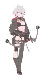 Rule 34 | 1girl, asymmetrical pants, bikini, black bikini, black footwear, black jacket, bow (weapon), breasts, cleavage, closed mouth, commentary request, compound bow, detached pants, enkyo yuuichirou, eyebrows hidden by hair, gloves, grey hair, hair between eyes, highres, holding, holding bow (weapon), holding weapon, hood, hood down, hooded jacket, jacket, long sleeves, mask, mask around neck, medium breasts, multicolored hair, navel, open clothes, open jacket, original, puffy long sleeves, puffy sleeves, purple eyes, red gloves, red hair, respirator, shoes, solo, swimsuit, two-tone hair, weapon